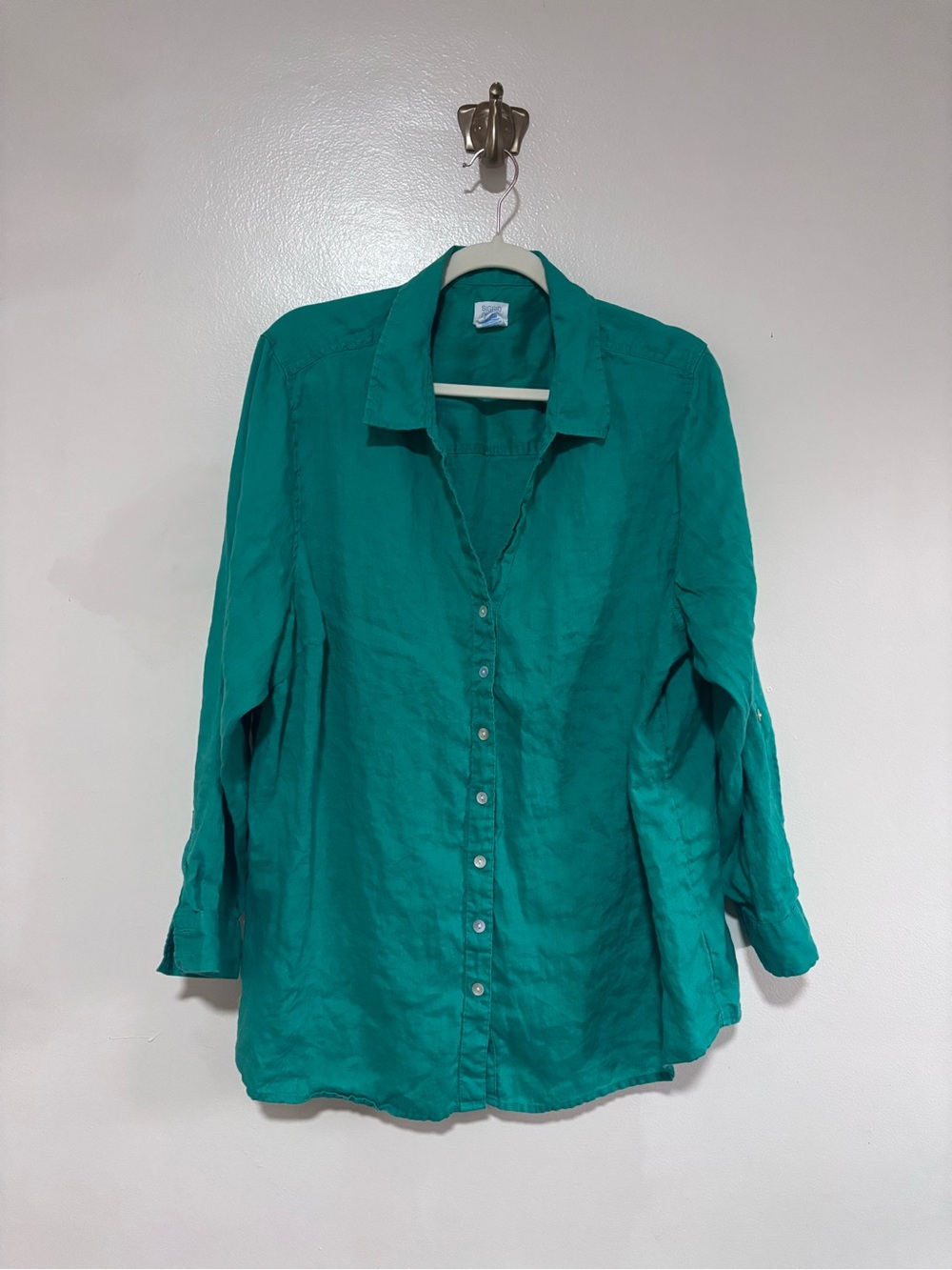 100% Linen Green Sigrid Olsen Button-Down Linen Shirt with Rolled Sleeves 2X